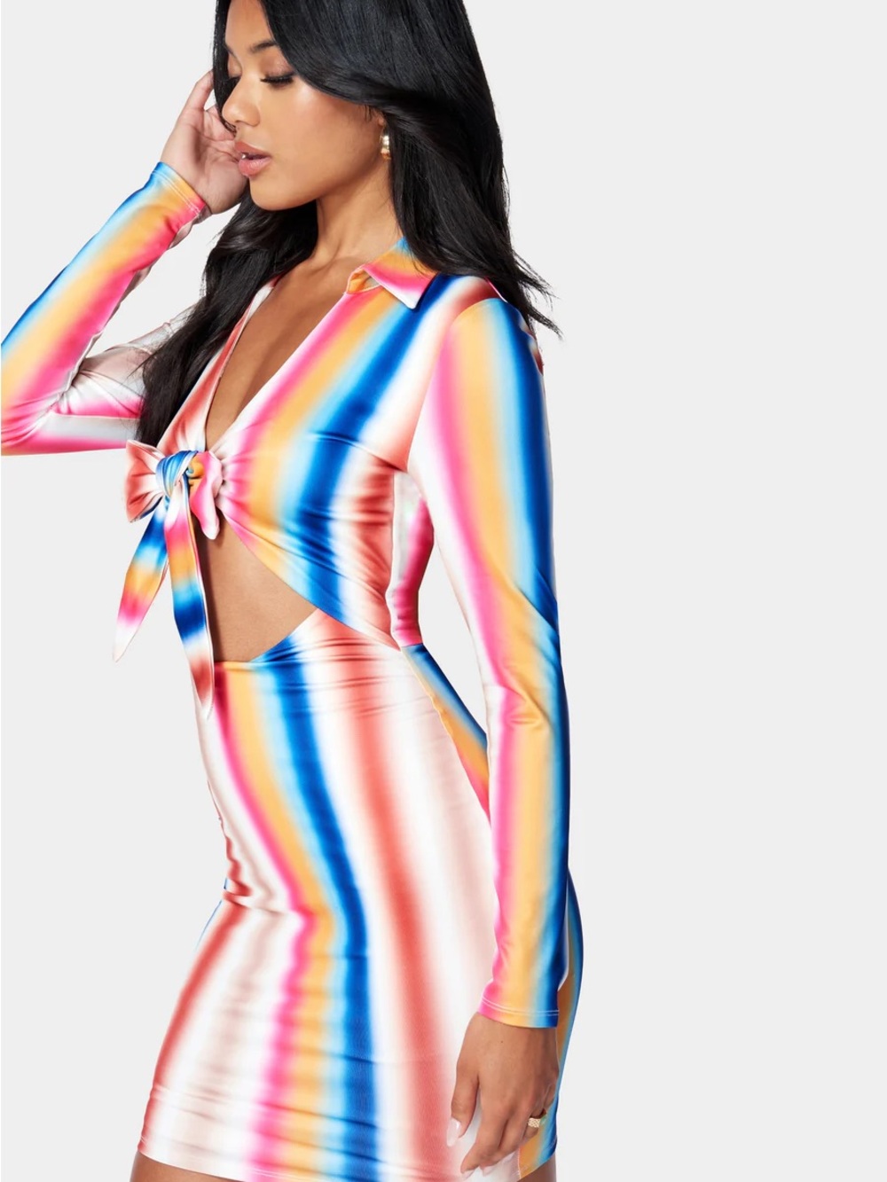 bebe Multicolor Striped Mini Dress with Tie Front